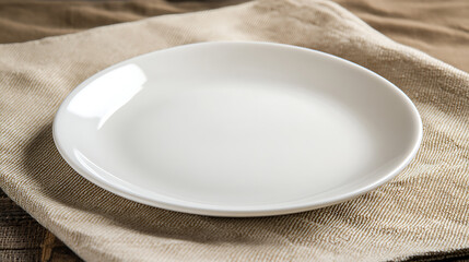 Poster - Top view of an empty round white plate with a colored background set on a tablecloth for food, Plate empty onto napkin, leaving room for your artwork