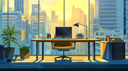 Leinwandbilder - Vector illustration of a front view of a modern, empty office, Isolated on a cityscape are a table, chair, desk, computer, desktop, books, plant, lamp, and trash can