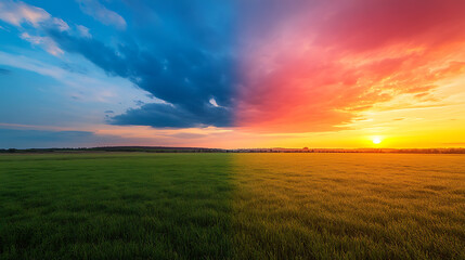 Poster - Time, lapse of a sunset over a field Showcasing the breathtaking transition from day to night in vibrant colors