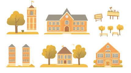 Aufkleber - set of flat minimalistic vector illustrations of various school buildings isolated on white background