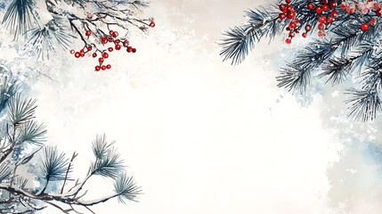 Aufkleber - Winter watercolor background presentation design with text space for display, winter branches and berries, pine twigs and snowflakes on a white background with empty center area for text