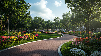 Poster - The green space of the park features grass, flowers and trees on both sides of a curved brick road leading to downtown