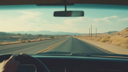 Poster - the point, of, view perspective from a driving car on a highway captures the sense of motion and tra