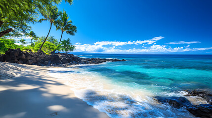 Leinwandbilder - The tropical blue ocean of Hawaii is showcased with white sand and underwater stones, creating a serene ocean background