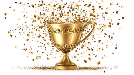 Trophy cup, Sport award, shining golden cup, falling confetti, champion trophy, Champions realistic vector celebration winning concept, winner prize, isolated white background