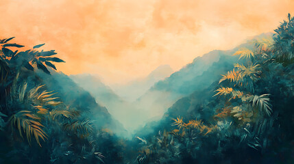 Poster - tranquil misty rainforest with lush green foliage and majestic mountains at sunrise nature landscape