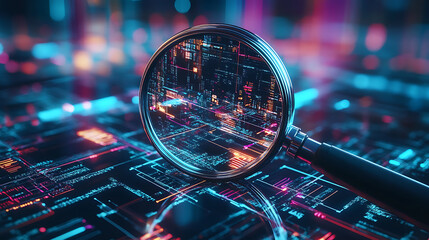 Fototapete - Transparent vector illustration of a magnifying glass with a scan search concept and a futuristic electronic technology background