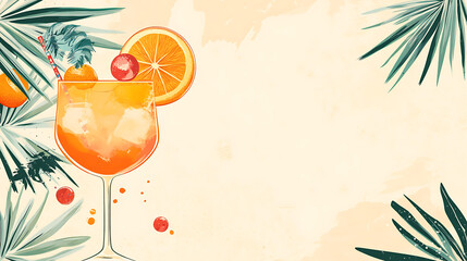 Poster - Tropical cocktail party banner template with an illustration of a tropical drink and palm leaves, orange fruit and colorful elements on a beige background with space for copy text