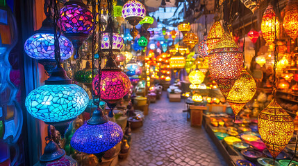Poster - vibrant moroccan lighting shop in marrakech souk colorful travel photography