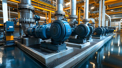 Poster - View of water pumps within a large power plant, emphasizing their scale and importance in operations