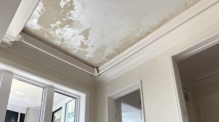 Fototapete - Water damage repair, showcasing a damaged and stained white ceiling with visible water marks and peeling paint, indicating the need for restoration