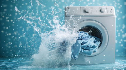 Poster - Washing machine or detergent with floating clothes under water with bubbles and wet splashes