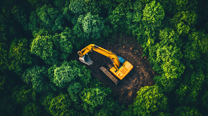Poster - aerial view of lush green forest with excavator and heavy machinery at construction site