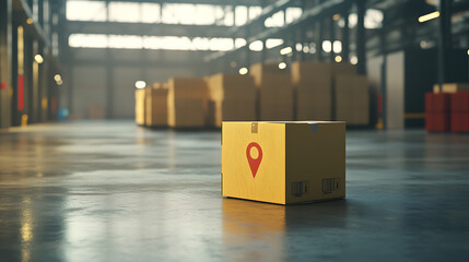 Poster - a parcel with location indication awaits dispatch at the distribution warehouse