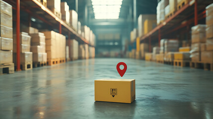 Poster - a parcel with location indication awaits dispatch at the distribution warehouse