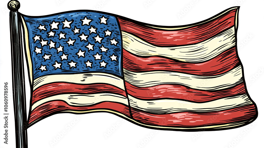 Waving American Flag Illustration Hand Drawn Patriotism Symbol Stock ...