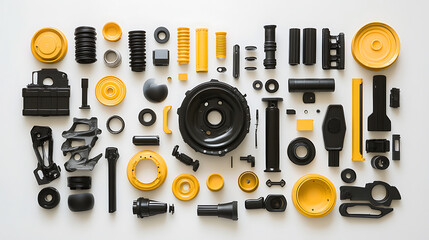 Aufkleber - black and hints of yellow car parts center composition on a white background, in a shape composition for a car