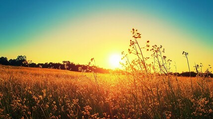 Wall Mural - Golden Hour Sunset Over a Field of Tall Grass