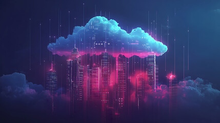 Poster - cloud technology banner with low poly cityscape and binary code on dark blue background big data visualization concept with polygonal clouds