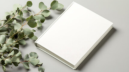 Poster - blank white book cover mockup with eucalyptus branch minimalist flat lay