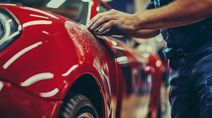 closeup of auto body mechanic carefully buffing scratch on red sports car professional vehicle repair service