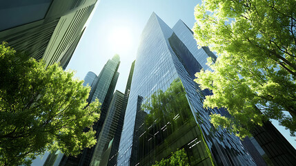 Poster - corporate glass building facade reflecting green trees exemplifying esg environmental social governance sustainability in business 3d rendering