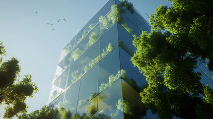 Poster - corporate glass building facade reflecting green trees exemplifying esg environmental social governance sustainability in business 3d rendering