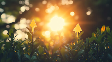 Poster - green arrows pointing upwards, symbolizing growth and progress in business or public The sunlight creates a soft glow on the scene