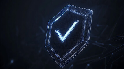 Poster - dark blue wireframe shield with checkmark secure cybersecurity symbol concept
