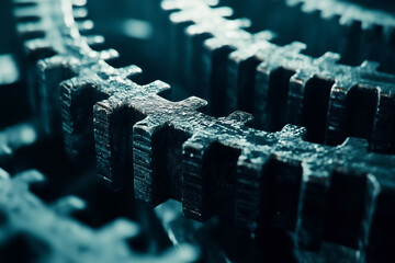 Poster - A study of a strong industrial gear, showcasing its textured surface and intricate design in a moody setting