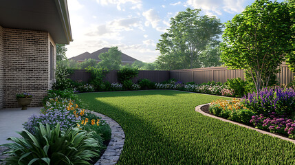 Poster - lawn and flower bed with shrubs in the backyard