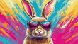 © Bijac - stylish cartoon bunny wearing sunglasses, set against a vibrant and colorful abstract background, exuding a fun and playful vibe
