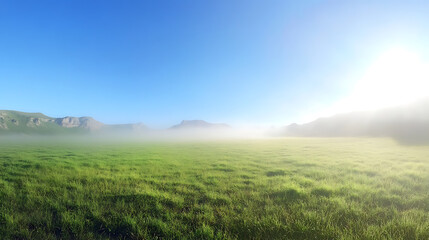 Poster - panoramic view of a foggy green meadow with mountains in the background, a blue sky, the sunny morning light