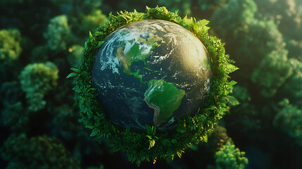 Poster - ecofriendly planet earth lush green foliage renewable energy symbols corporate responsibility concept