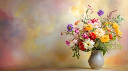 stylish vase elegantly filled with assorted fresh flowers, artfully arranged to create a vibrant splash of color against a subtle background