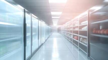 Poster - empty glass door refrigerators in supermarket aisle retail display mockup