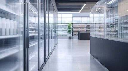 Poster - empty glass door refrigerators in supermarket aisle retail display mockup