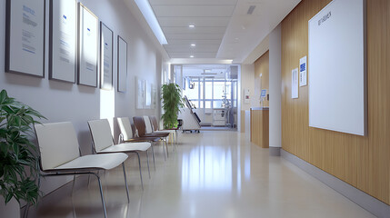 Poster - empty white poster mockup on wall in modern hospital waiting room with chairs and medical equipment healthcare interior design