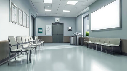 Poster - empty white poster mockup on wall in modern hospital waiting room with chairs and medical equipment healthcare interior design