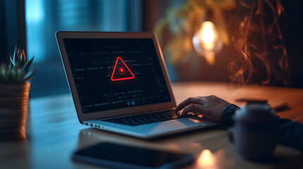 Poster - spam email warning popup on laptop screen phishing mail alert cybersecurity concept with businesswoman working from home