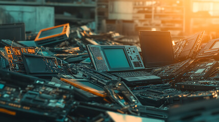 Poster - ewaste pile of discarded laptops and electronics recycling and disposal concept blurred background
