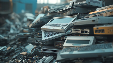 Poster - ewaste pile of discarded laptops and electronics recycling and disposal concept blurred background