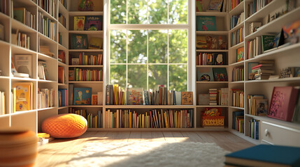 Poster - white wooden bookshelves in children's room, children's books