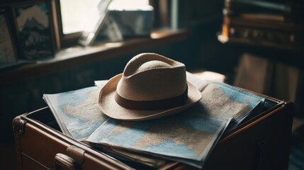 Poster - A travel hat is placed atop an open suitcase surrounded by detailed maps and guides, setting the scene for upcoming adventures. Generative AI