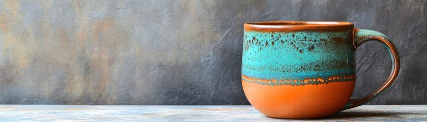 Poster - Teal and Orange Ceramic Mug on a Rustic Background