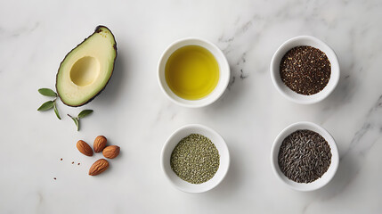 Aufkleber - healthy fats food selection with avocado nuts seeds and olive oil flat lay