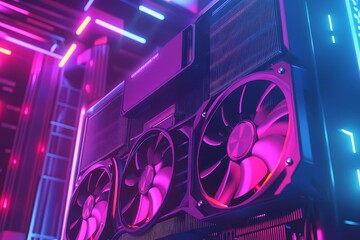 Powerful graphics card cooling system with neon lights illuminating datacenter