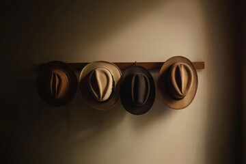 Poster - A collection of classic fedora hats hangs neatly on a wooden rack, illuminated by soft, warm light, creating an inviting atmosphere. Generative AI