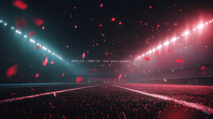 Poster - illuminated soccer stadium at dusk dramatic confetti celebration after championship win photorealistic