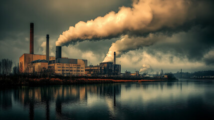Poster - industrial power plant emitting thick co2 smoke from chimney fossil fuel pollution causing global wa